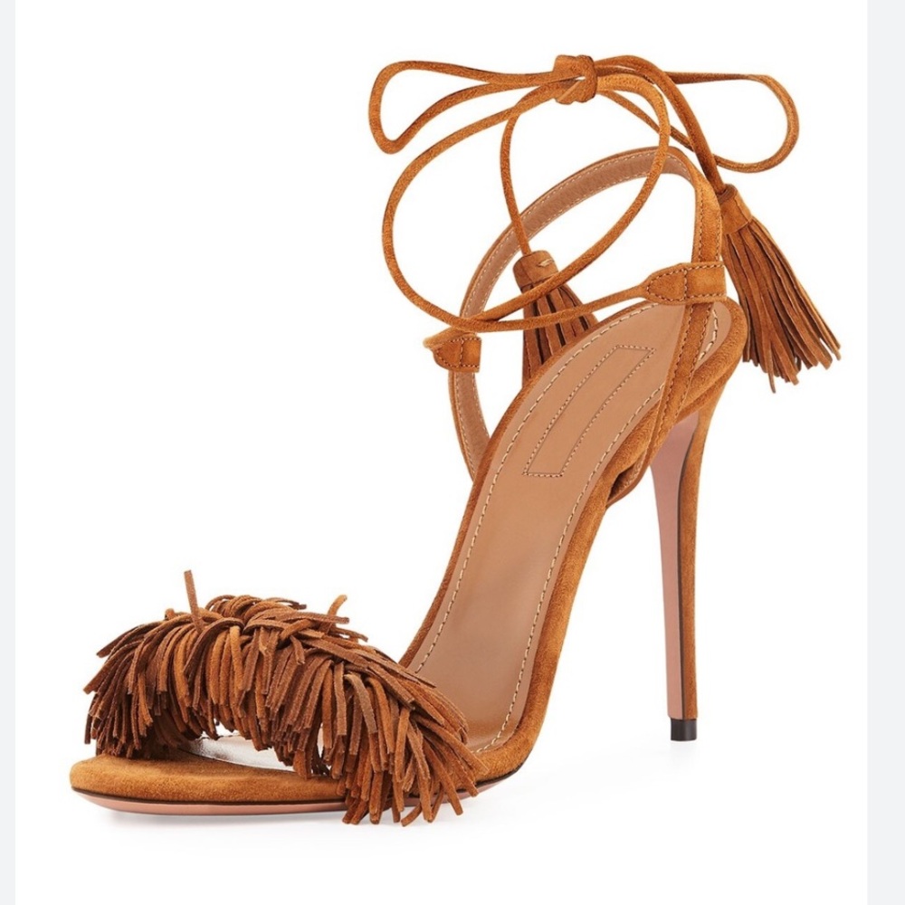 Aquazzura Tan Suede Fringe Tie-Ankle Stiletto Sandals
